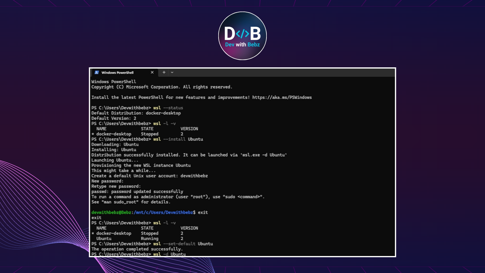 Windows Terminal หลังรันคำสั่งเช็ค WSL2 และ Ubuntu