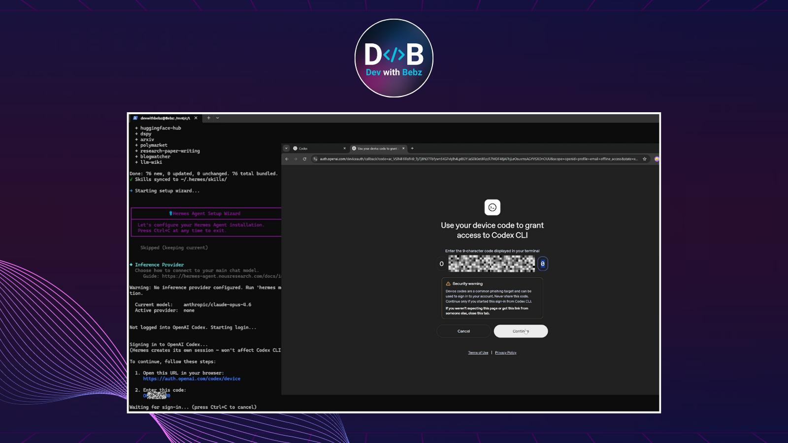 Terminal แสดง URL และ device code สำหรับ login OpenAI Codex